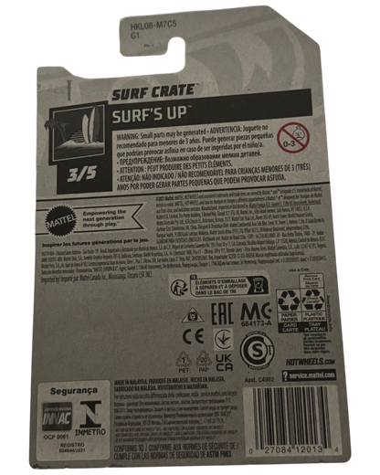 Back of More Than Diecast Hot Wheels Surf Crate Treasure Hunt 2022 packaging showing safety information and branding