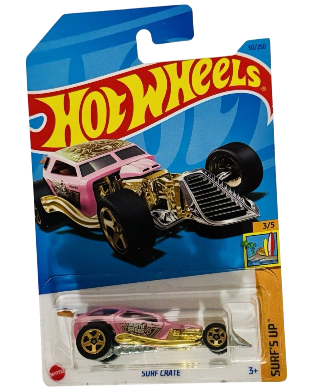 More Than Diecast 2022 Hot Wheels Surf Crate Treasure Hunt car in pink and gold on blister card packaging