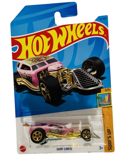 More Than Diecast 2022 Hot Wheels Surf Crate Treasure Hunt car in pink and gold on blister card packaging
