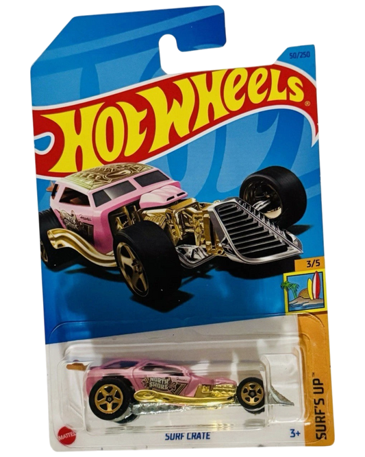 More Than Diecast 2022 Hot Wheels Surf Crate Treasure Hunt car in pink and gold on blister card packaging