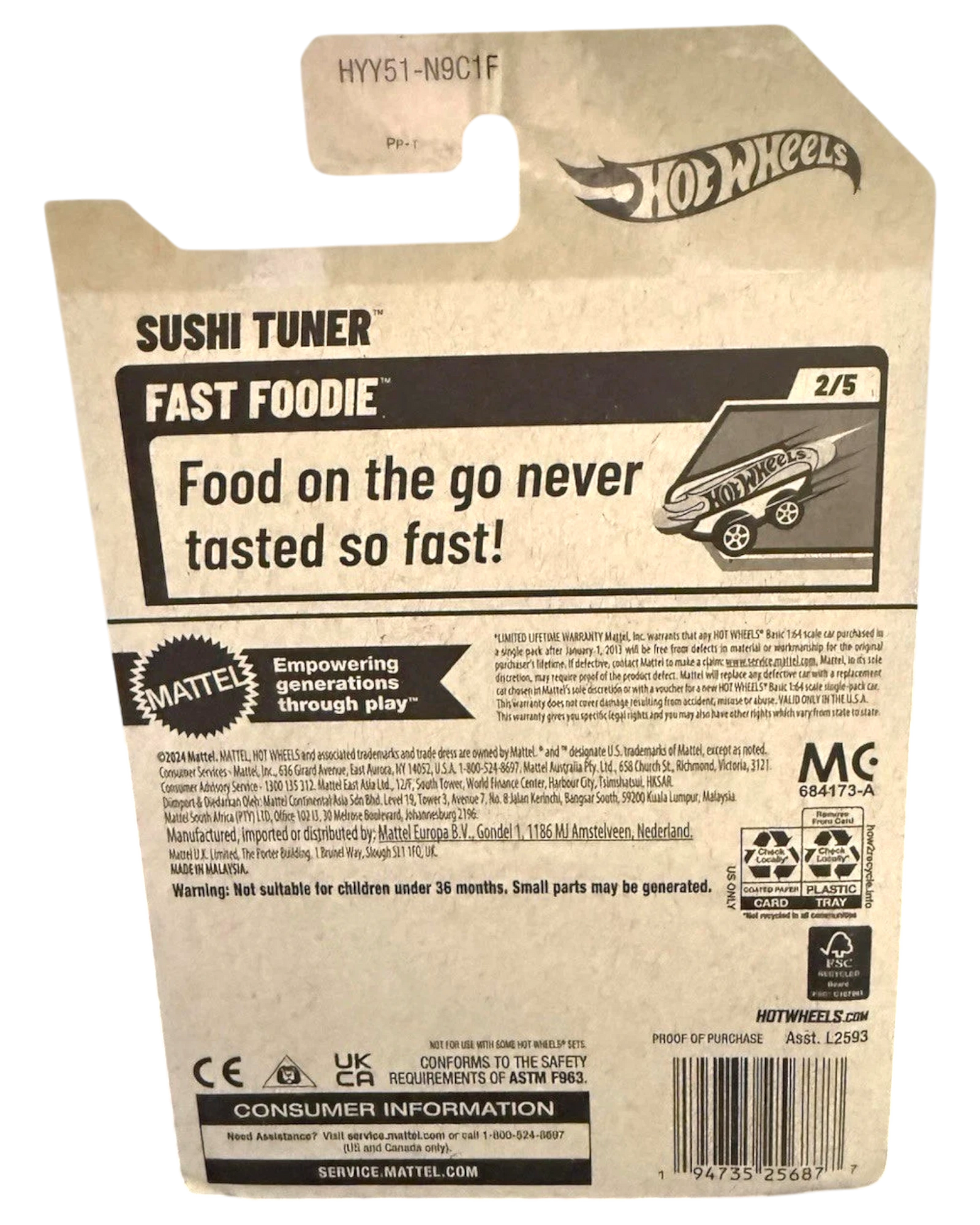 More Than Diecast Hot Wheels Fast Foodie Sushi Tuner 1:64 scale diecast car, orange with white and black accents, 2024 release.