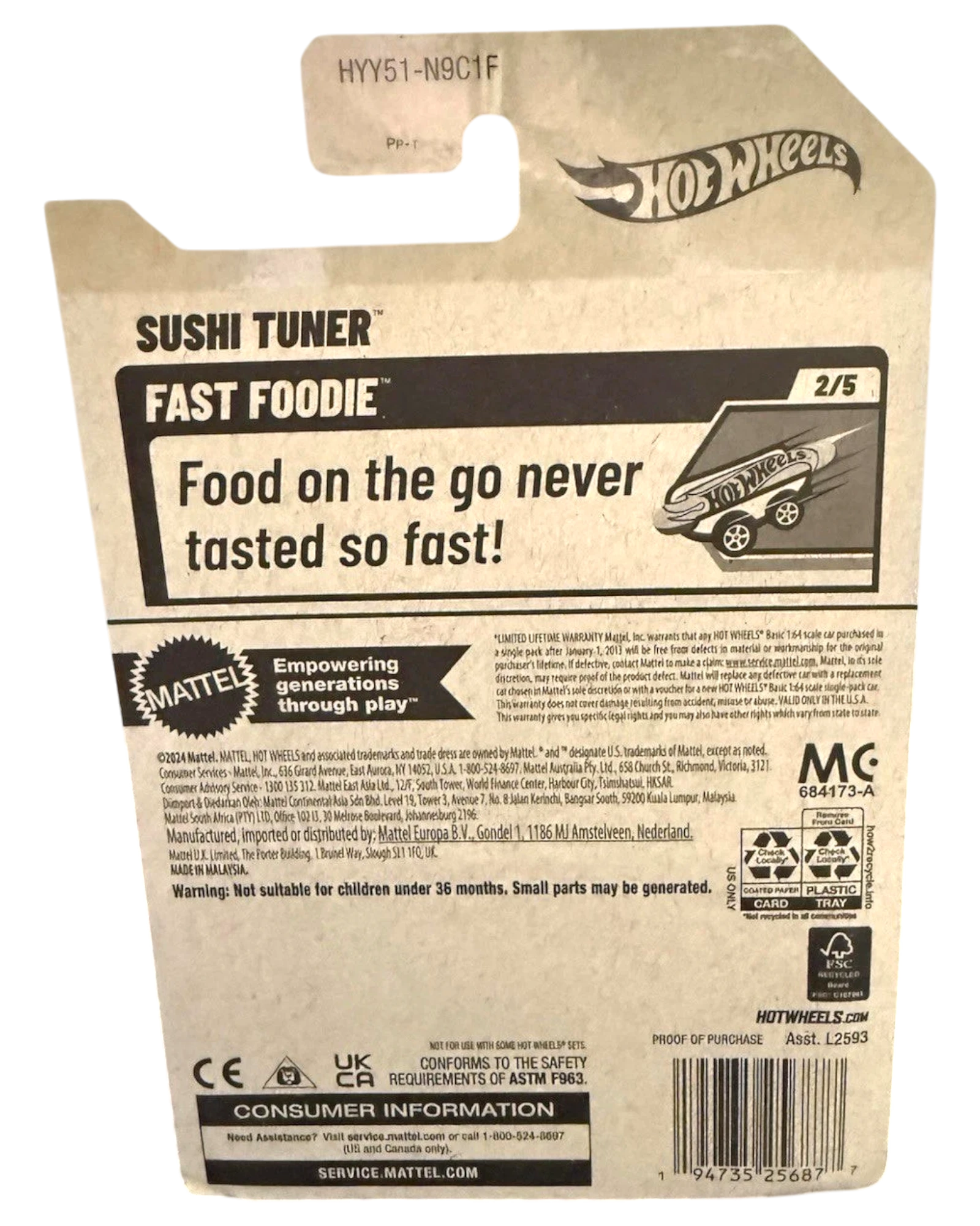 More Than Diecast Hot Wheels Fast Foodie Sushi Tuner 1:64 scale diecast car, orange with white and black accents, 2024 release.