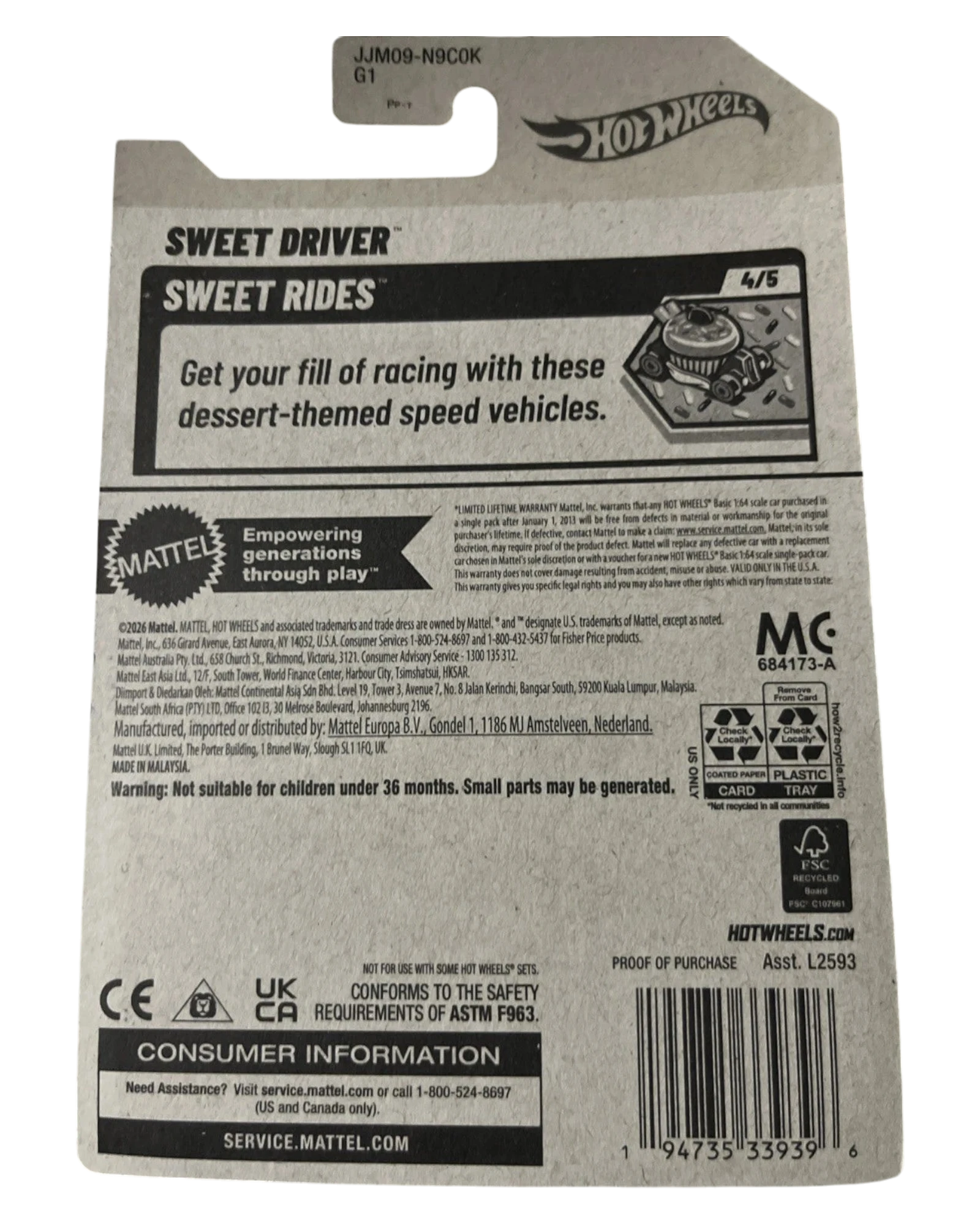 More Than Diecast Hot Wheels Sweet Driver Treasure Hunt card back with product information and safety warnings