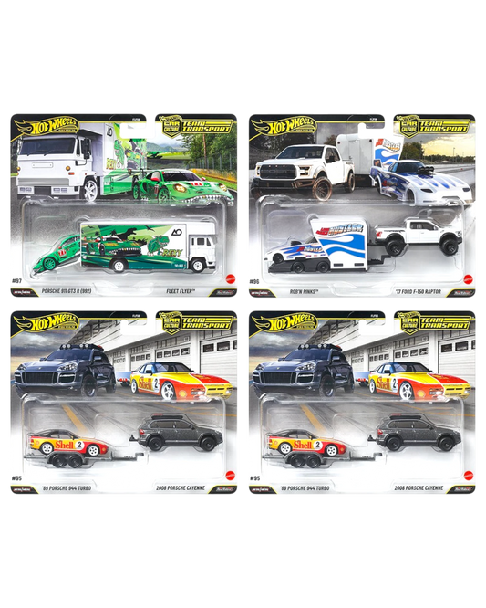 More Than Diecast Hot Wheels Team Transport 2026 M Case assortment featuring Porsche and Ford diecast vehicle sets.