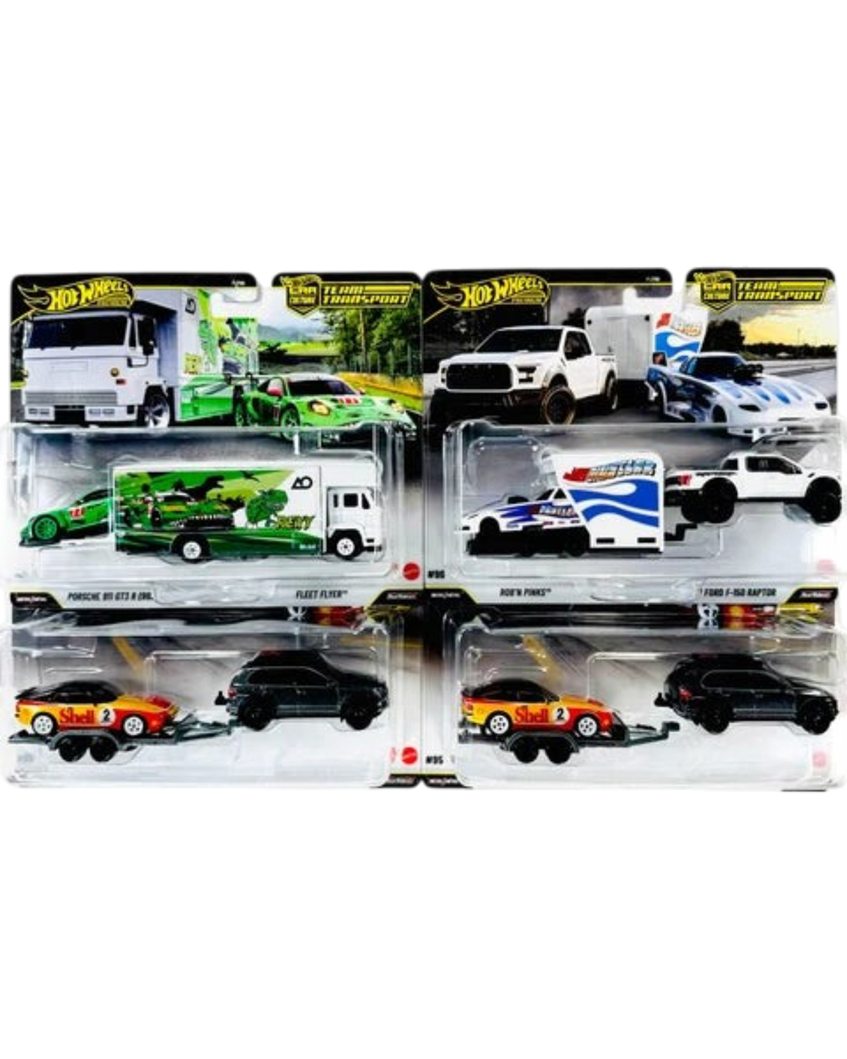 More Than Diecast Hot Wheels Team Transport collection featuring four premium die-cast vehicle sets in blister packs.