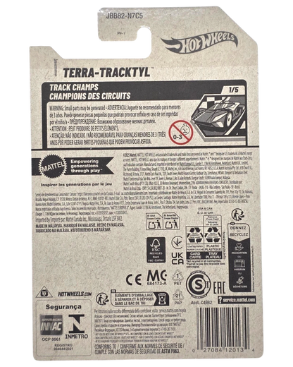 Back of More Than Diecast Hot Wheels Terra-Tracktyl 204/250 toy car packaging with product details and safety info.