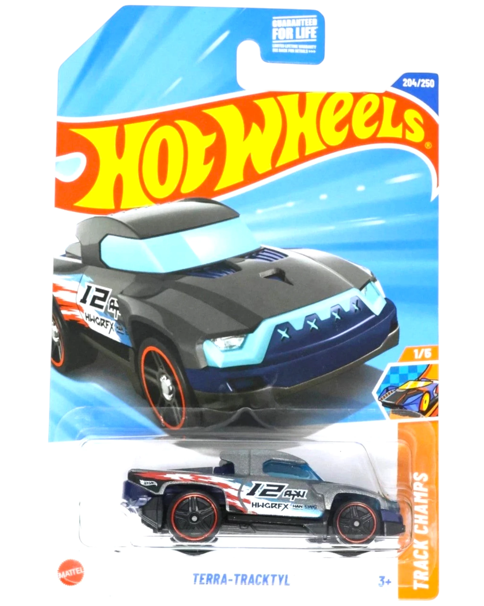 More Than Diecast Hot Wheels Terra-Tracktyl toy truck, grey with blue accents and red wheels.