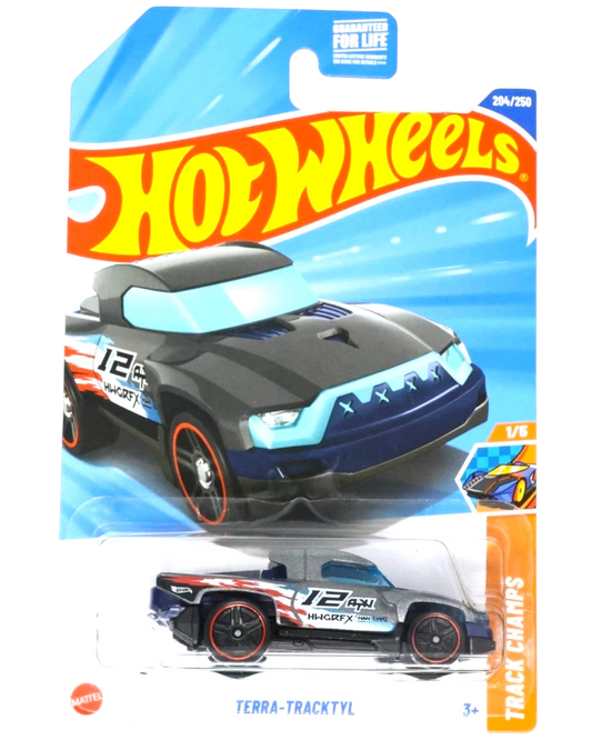 More Than Diecast Hot Wheels Terra-Tracktyl toy truck, grey with blue accents and red wheels.