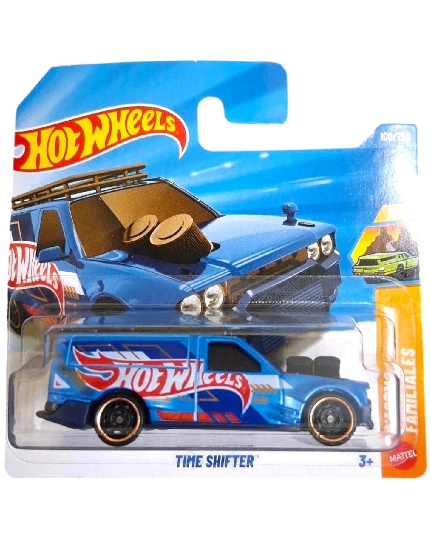 More Than Diecast blue Time Shifter Hot Wheels van with red and white graphics, roof rack, and exposed engine details.