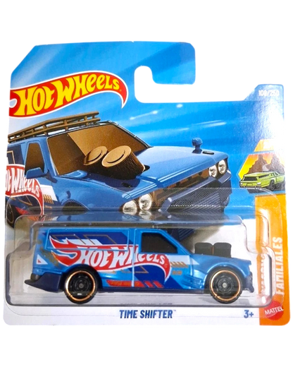More Than Diecast blue Time Shifter Hot Wheels van with red and white graphics, roof rack, and exposed engine details.