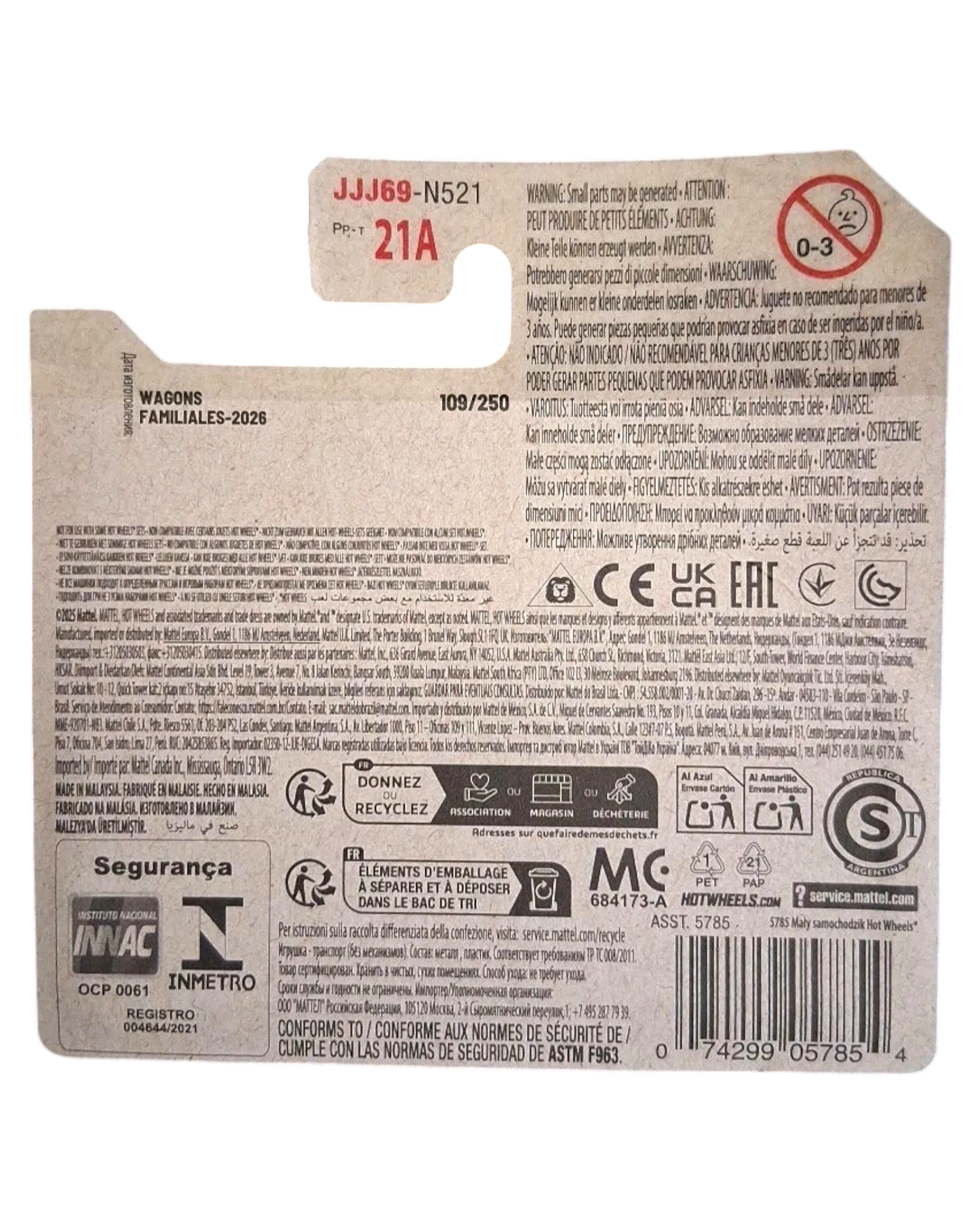 More Than Diecast Hot Wheels Time Shifter toy car, 109/250, JJ69-N521, PP-T 21A. Card shows warnings and recycling information.