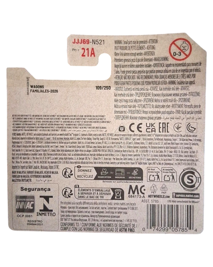 More Than Diecast Hot Wheels Time Shifter toy car, 109/250, JJ69-N521, PP-T 21A. Card shows warnings and recycling information.