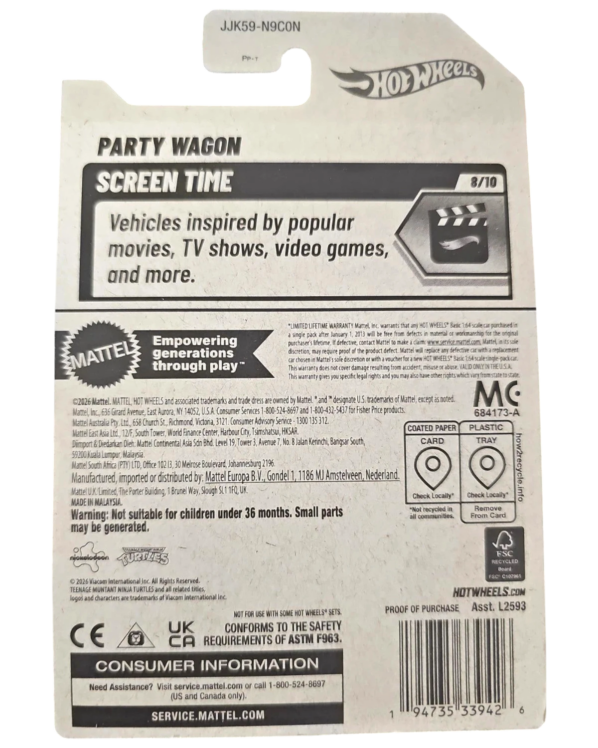 More Than Diecast Hot Wheels 2026 TMNT Party Wagon packaging back view showing product details and branding