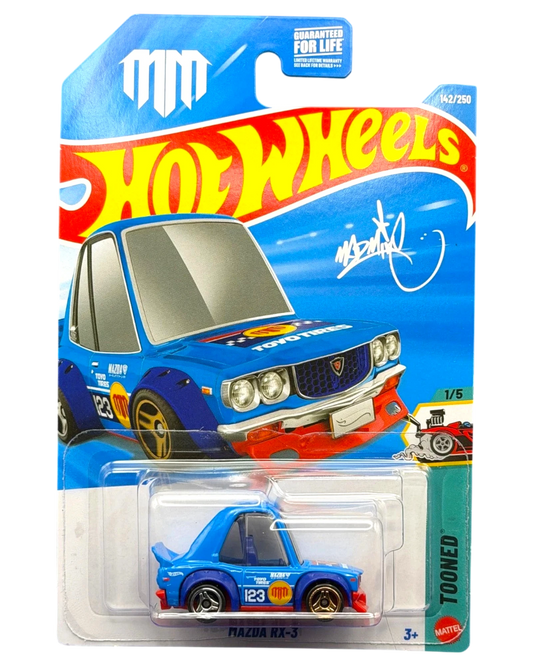 More Than Diecast Hot Wheels Tooned Mazda RX-3 blue die-cast car with Mad Mike livery and 123 racing decals.