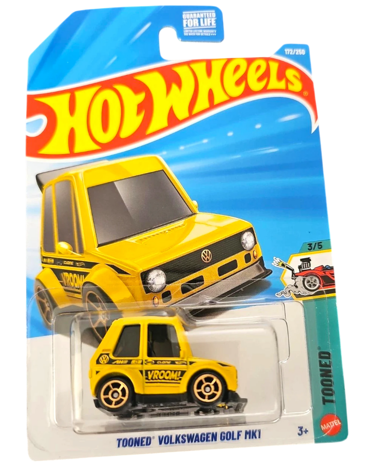 More Than Diecast Hot Wheels 2026 Tooned Volkswagen Golf MK1 in yellow with exaggerated cartoonish styling on card