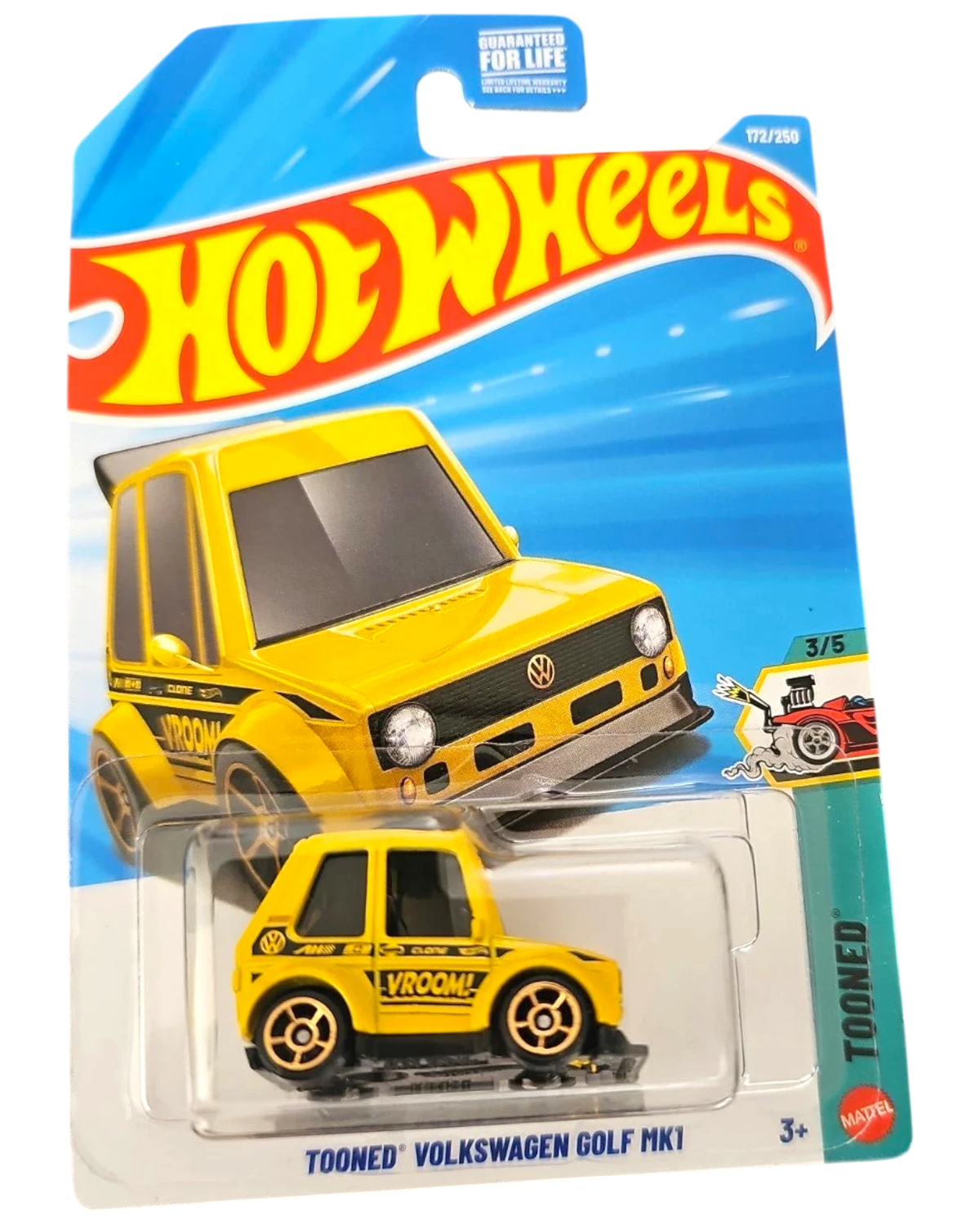 More Than Diecast Hot Wheels 2026 Tooned Volkswagen Golf MK1 in yellow with exaggerated cartoonish styling on card