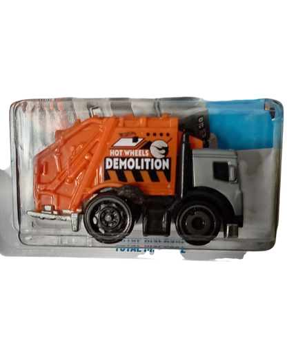More Than Diecast Hot Wheels Total Disposal Treasure Hunt truck in orange and grey with Demolition graphics