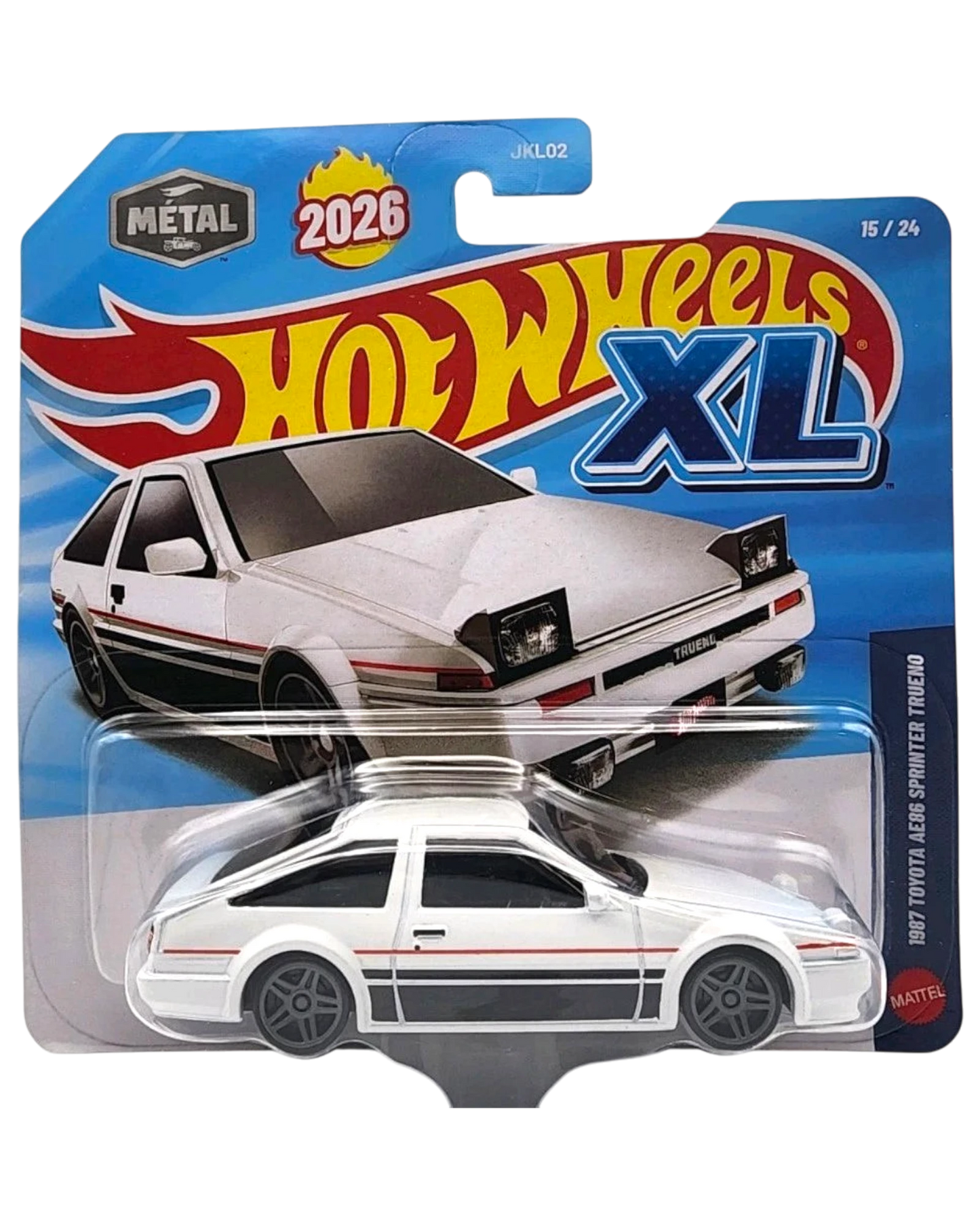 More Than Diecast Hot Wheels XL 1:43 scale white 1987 Toyota AE86 Sprinter Trueno die-cast model car with black accents and red stripe detail.