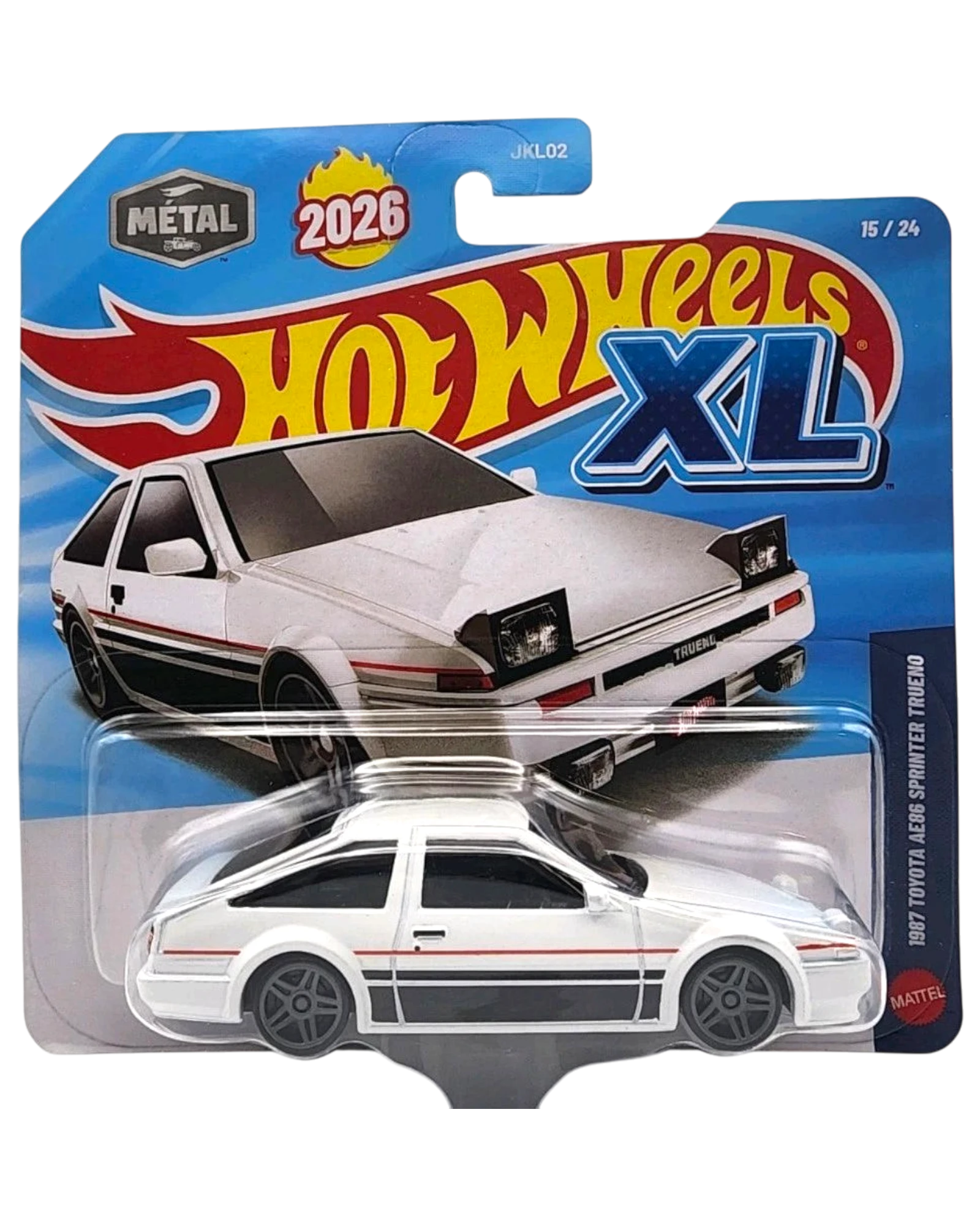 More Than Diecast Hot Wheels XL 1:43 scale white 1987 Toyota AE86 Sprinter Trueno die-cast model car with black accents and red stripe detail.