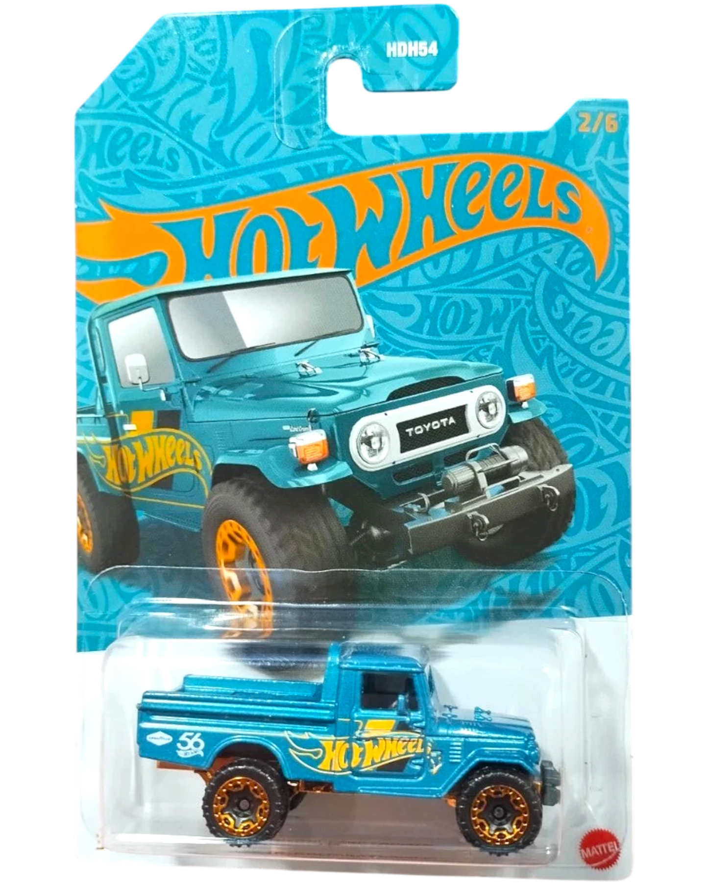 More Than Diecast Hot Wheels Toyota Land Cruiser diecast toy truck, pearl and chrome series, teal with orange accents.