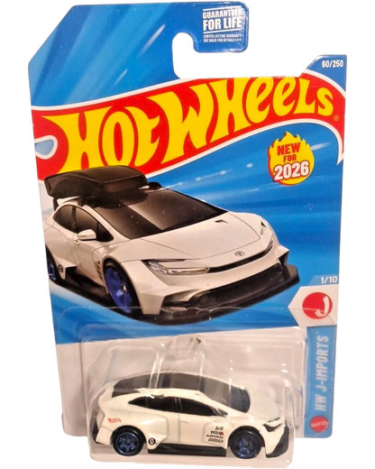 More Than Diecast Hot Wheels Toyota Prius Custom in white with blue wheels, 1:64 scale die-cast car in blister pack.