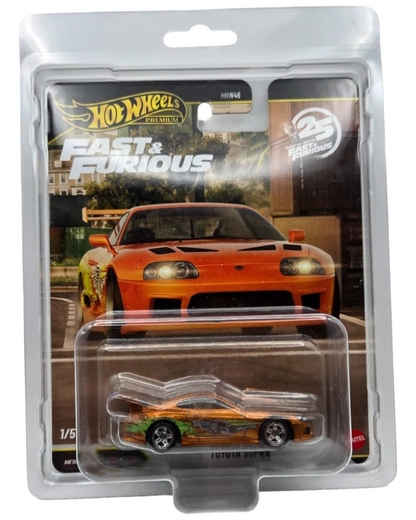 More Than Diecast Hot Wheels Toyota Supra chase car in blister pack with Fast and Furious 25th Anniversary branding