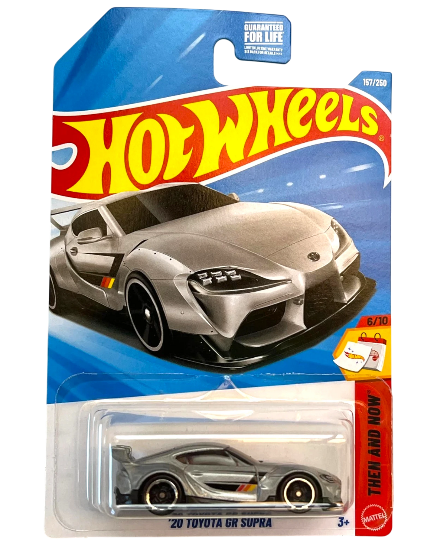 More Than Diecast 2026 Hot Wheels '20 Toyota GR Supra diecast car, silver with racing stripes, in blister pack.