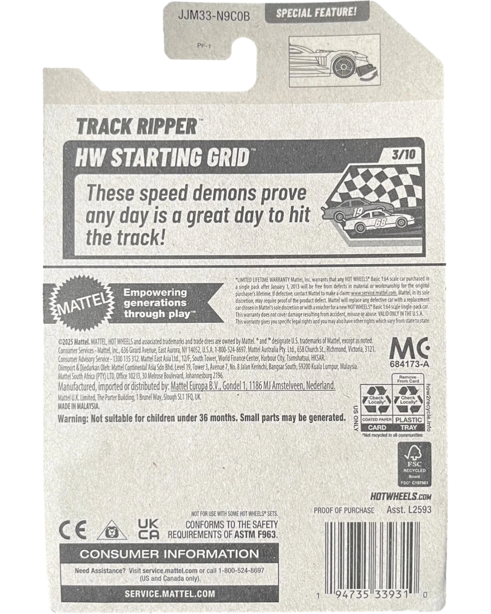 More Than Diecast Hot Wheels Track Ripper HW Starting Grid #24/250 diecast car packaging. Features checkered flag and car graphics.