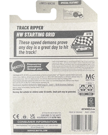 More Than Diecast Hot Wheels Track Ripper HW Starting Grid #24/250 diecast car packaging. Features checkered flag and car graphics.