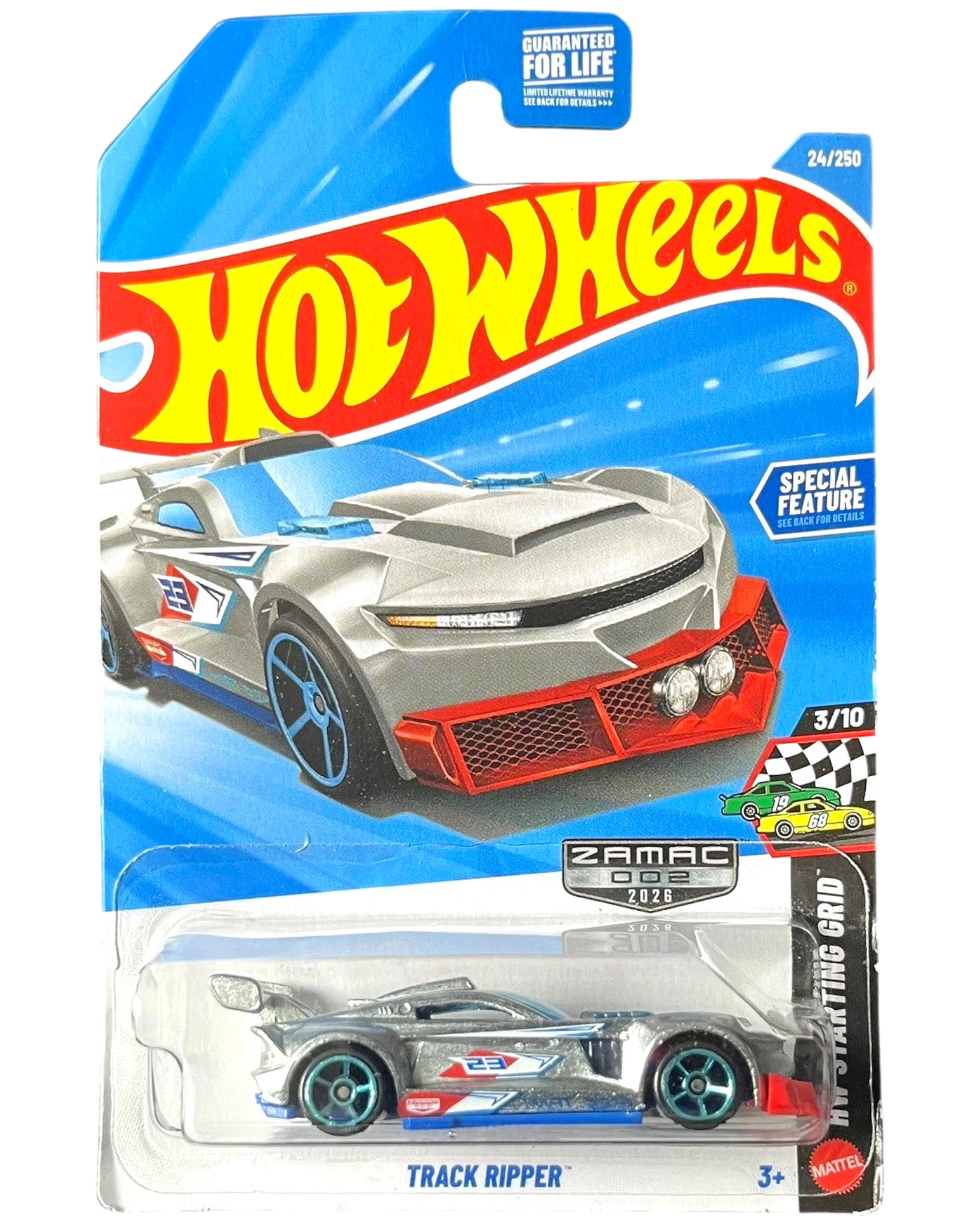 More Than Diecast Hot Wheels Track Ripper Zamac #24/250 diecast car with silver body, blue wheels, and red accents.