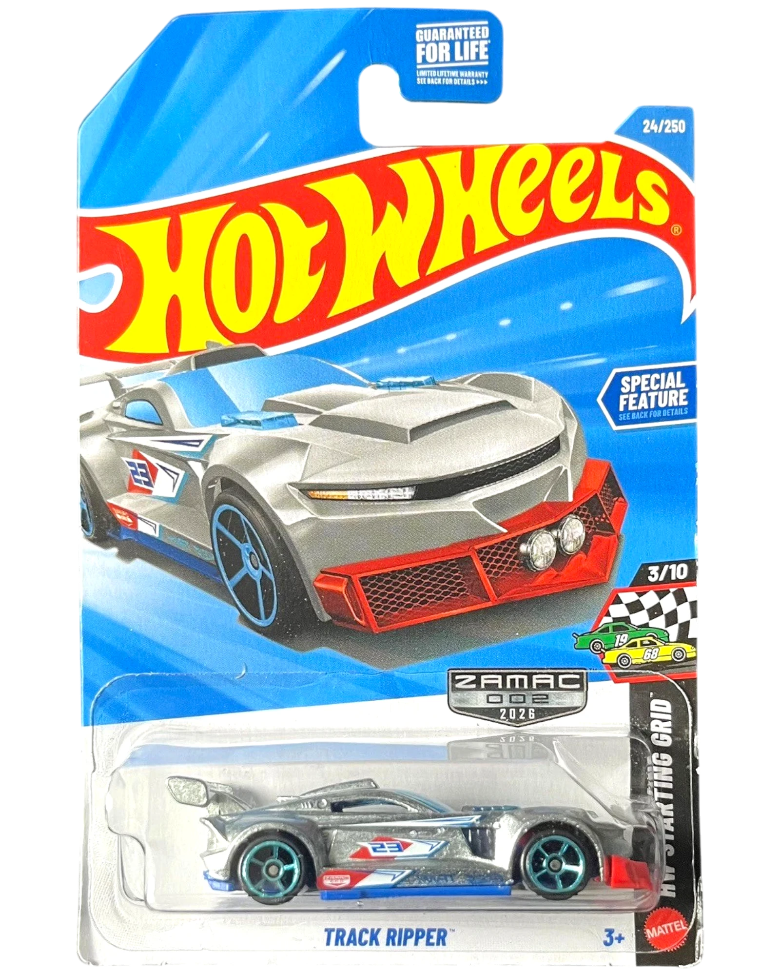 More Than Diecast Hot Wheels Track Ripper Zamac #24/250 diecast car with silver body, blue wheels, and red accents.