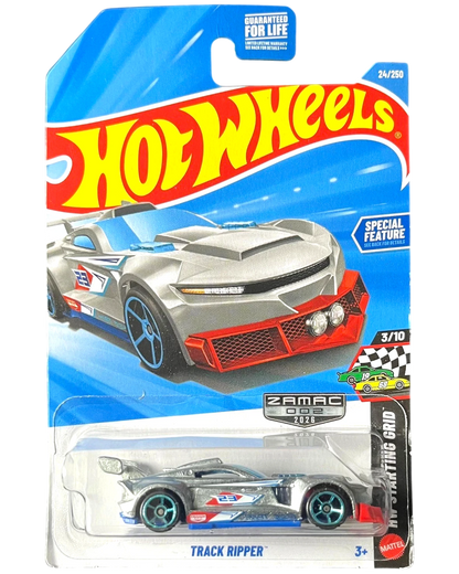More Than Diecast Hot Wheels Track Ripper Zamac #24/250 diecast car with silver body, blue wheels, and red accents.