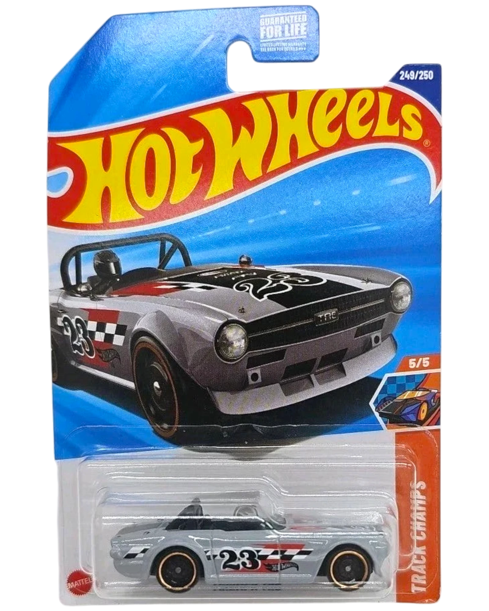 More Than Diecast Hot Wheels Triumph TR6 Treasure Hunt die-cast car in grey with racing decals on blister card