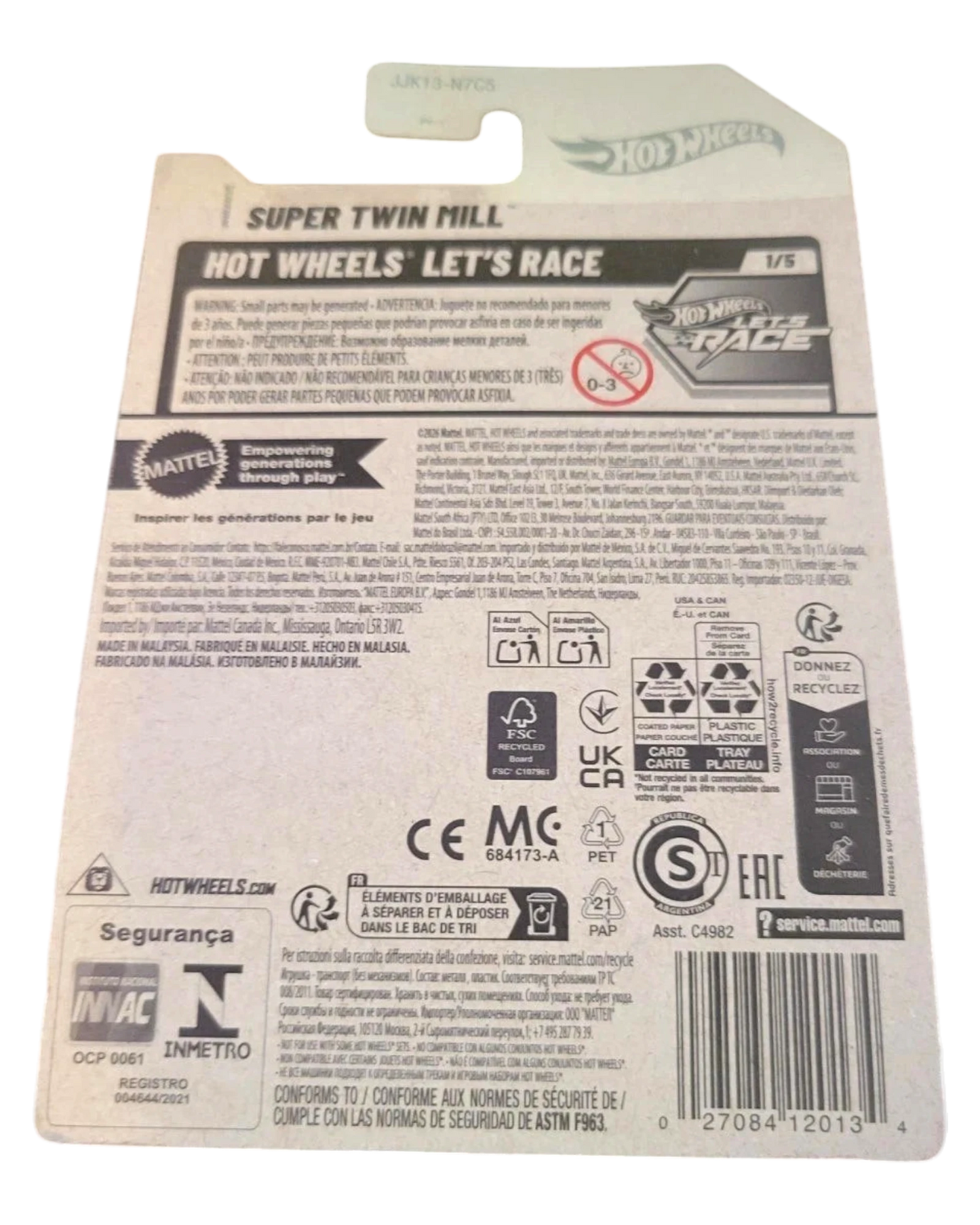 More Than Diecast Hot Wheels Twin Mill Let's Race 1/5 white die-cast car packaging. Features safety warnings and recycling information.