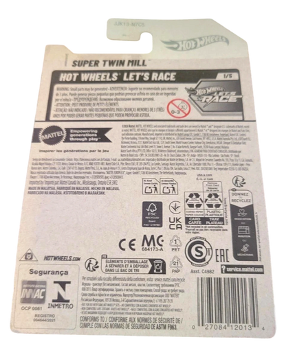 More Than Diecast Hot Wheels Twin Mill Let's Race 1/5 white die-cast car packaging. Features safety warnings and recycling information.