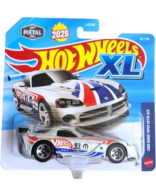 More Than Diecast Hot Wheels XL 2008 Dodge Viper SRT10 ACR 1:43 scale die-cast model car, white with red and blue racing stripes and '93' graphic.