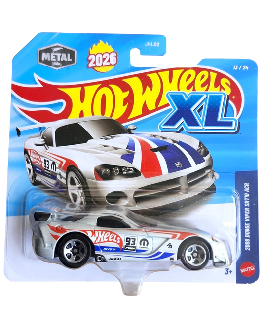 More Than Diecast Hot Wheels XL 2008 Dodge Viper SRT10 ACR 1:43 scale die-cast model car, white with red and blue racing stripes and '93' graphic.