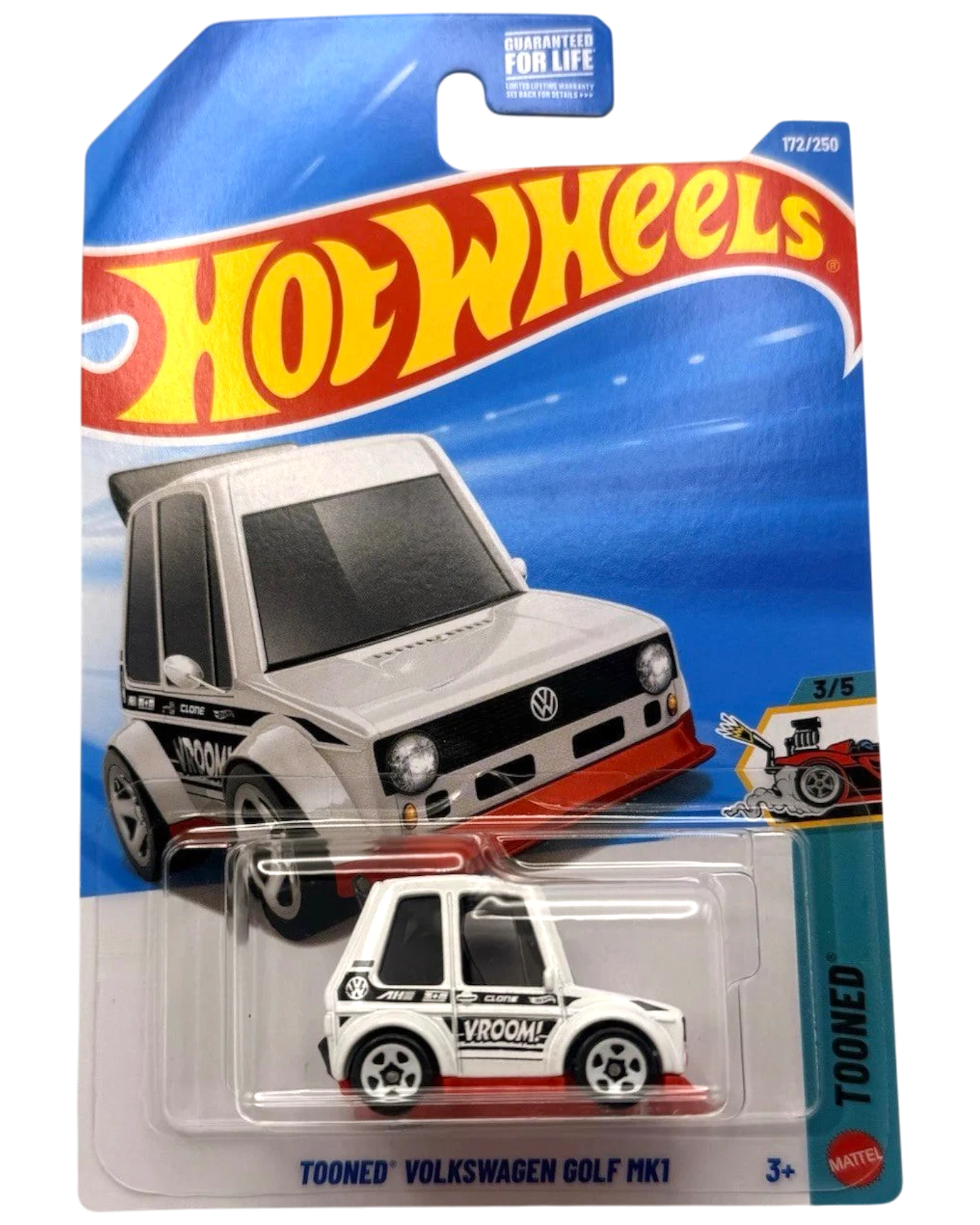 More Than Diecast Hot Wheels Tooned Volkswagen Golf MK1 toy car, white with black and red accents, in packaging.