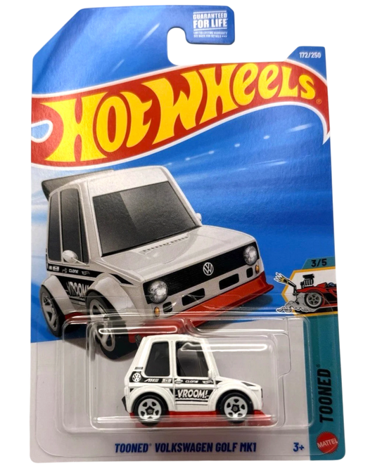 More Than Diecast Hot Wheels Tooned Volkswagen Golf MK1 toy car, white with black and red accents, in packaging.