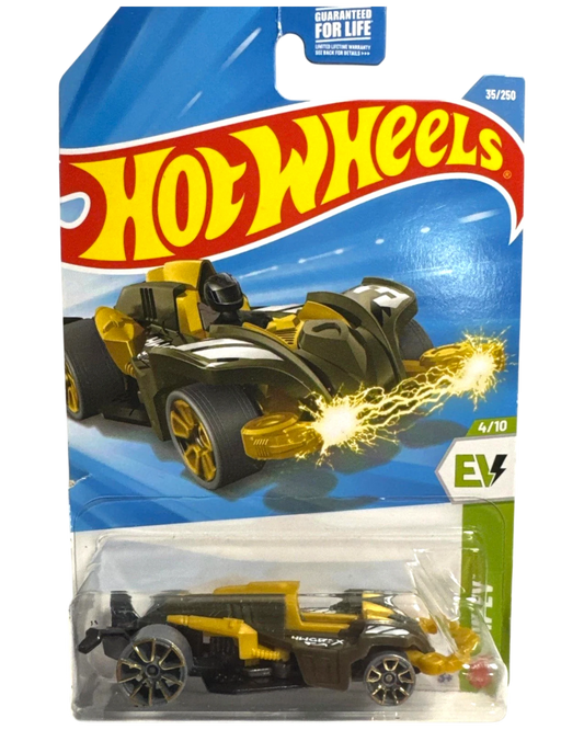 More Than Diecast Hot Wheels Wattzup 1:64 scale die-cast car in green and gold with electric detailing. Unopened in packaging.