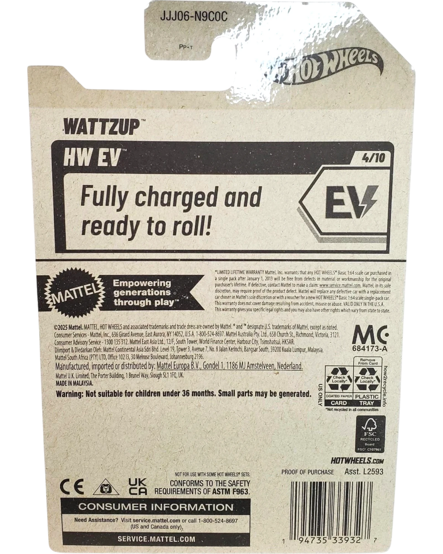 More Than Diecast Hot Wheels 2026 Wattzup HW EV blue and white toy car packaging. "Fully charged and ready to roll!"