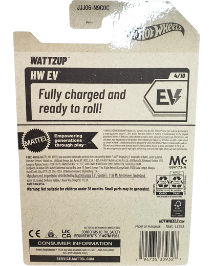 More Than Diecast Hot Wheels 2026 Wattzup HW EV blue and white toy car packaging. "Fully charged and ready to roll!"