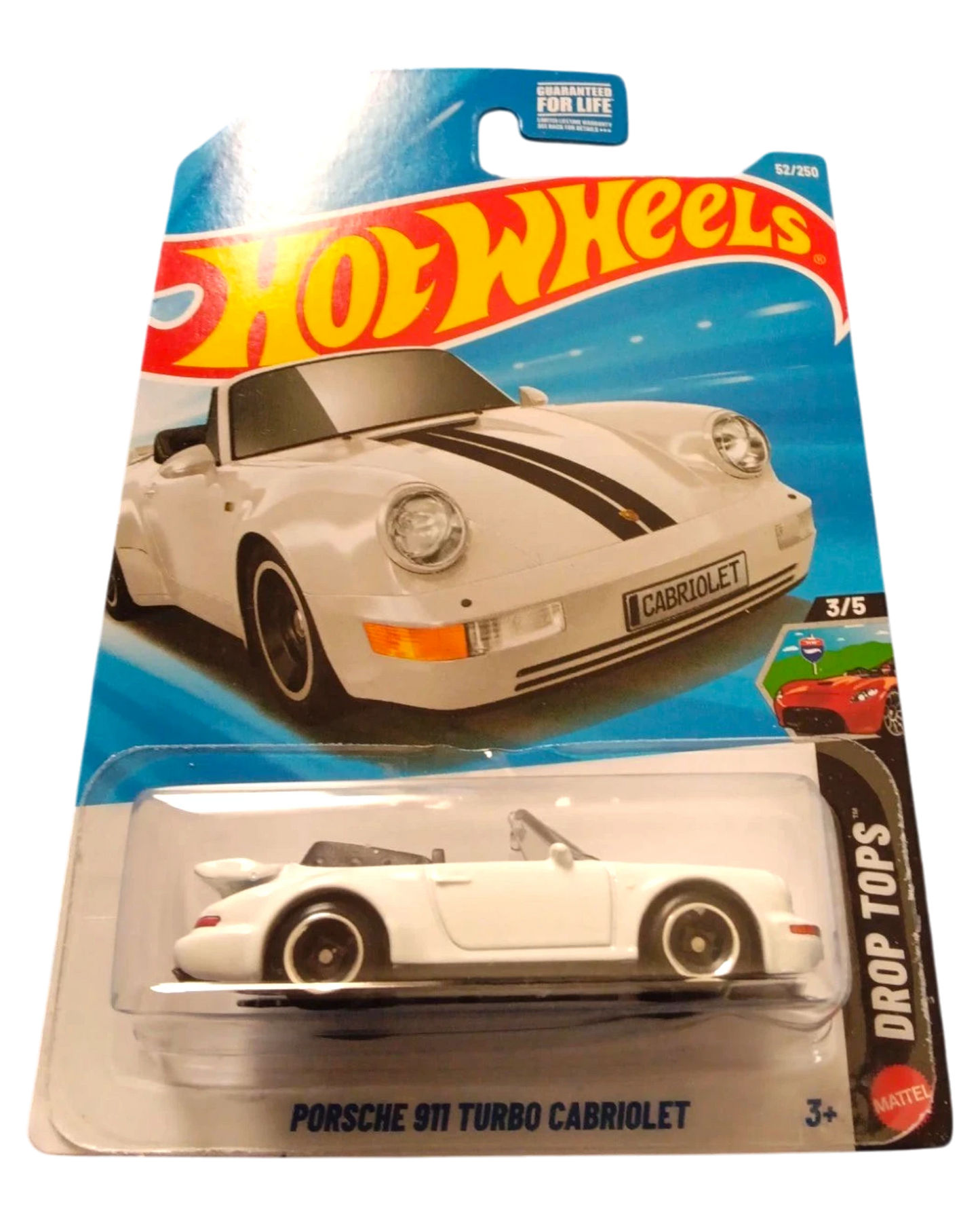 More Than Diecast Hot Wheels white Porsche 911 Turbo Cabriolet convertible with black racing stripes and black interior.