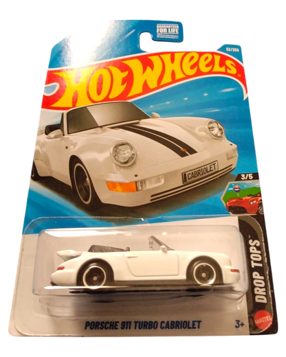 More Than Diecast Hot Wheels white Porsche 911 Turbo Cabriolet convertible with black racing stripes and black interior.