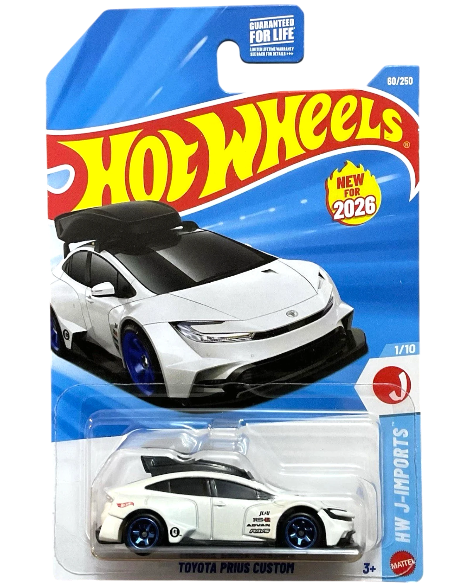 More Than Diecast Hot Wheels white Toyota Prius Custom with cargo carrier and blue rims. New for 2026.
