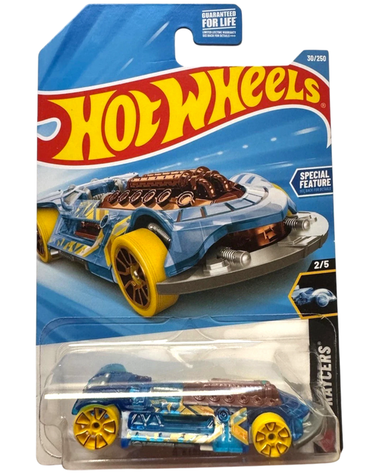 More Than Diecast Hot Wheels X-RACERS X-Steam toy car, blue with yellow wheels and brown engine detail.