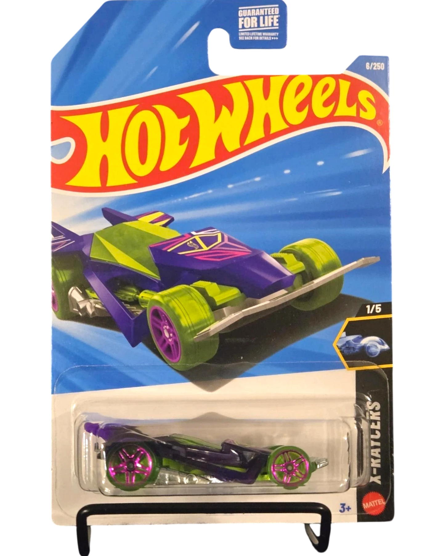 More Than Diecast Hot Wheels X-Raycers #1/5 RD-06 purple and green diecast car in packaging.