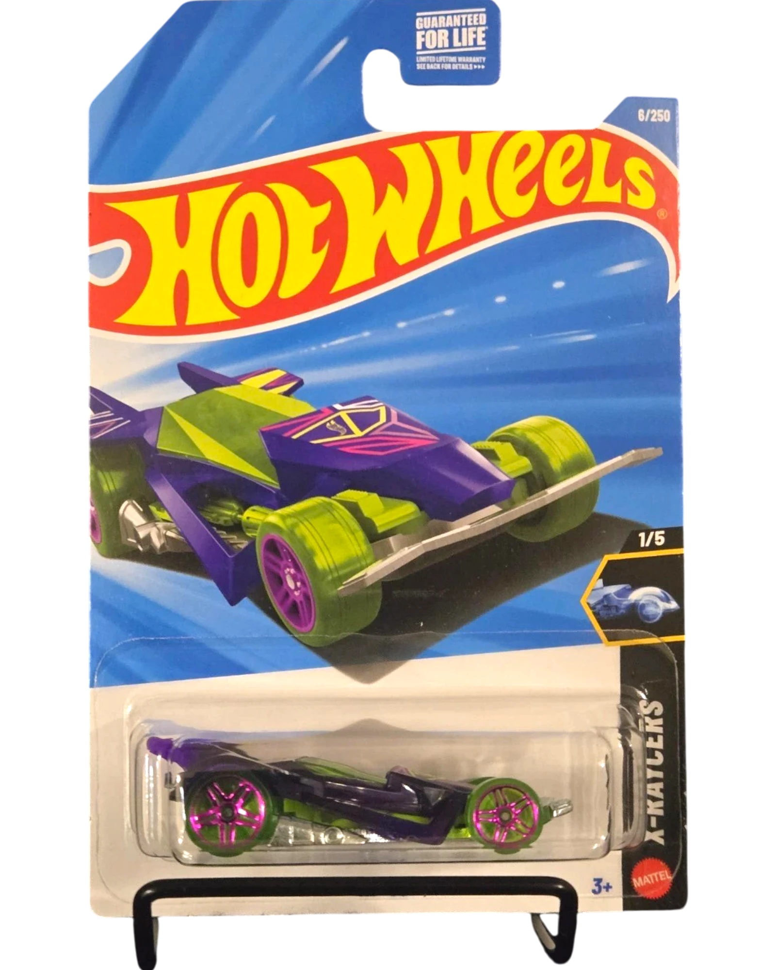 More Than Diecast Hot Wheels X-Raycers #1/5 RD-06 purple and green diecast car in packaging.