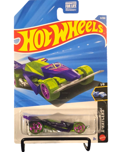 More Than Diecast Hot Wheels X-Raycers #1/5 RD-06 purple and green diecast car in packaging.