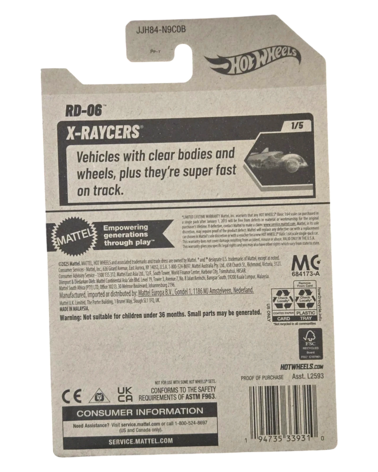 More Than Diecast Hot Wheels X-Raycers RD-06 toy car packaging with product details and warnings.